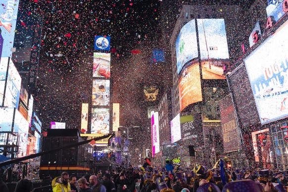 Confetti falls at midnight on the Times Square New Year&#039;s celebration, Sunday, Jan. 1, 2023, in New York. (Photo by Ben Hider/Invision/AP)