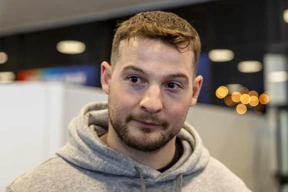 Austria's forward Dominic Zwerger speaks with to media in the mixed zone one day before the IIHF 2025 World Championship quarter final game against Switzerland, at the Jyske Bank Boxen, in Hernin ...