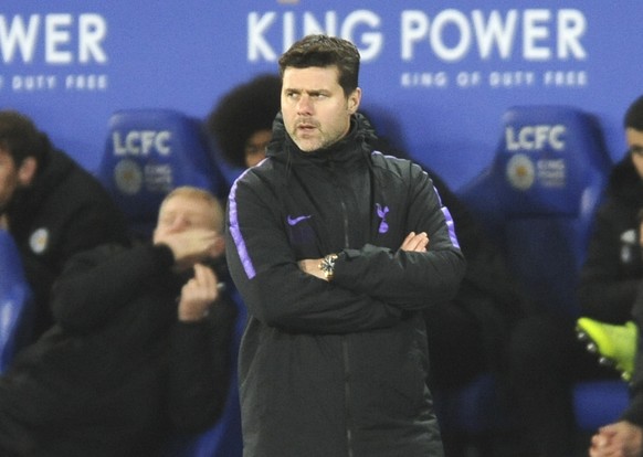 Tottenham manager Mauricio Pochettino looks on during the English Premier League soccer match between Leicester City and Tottenham Hotspur at the King Power Stadium in Leicester, England, Saturday, De ...