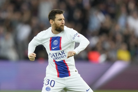 PSG&#039;s Lionel Messi scores his side&#039;s second goal during the French League One soccer match between Paris Saint-Germain and Troyes at the Parc des Princes in Paris, France, Saturday, Oct. 29, ...