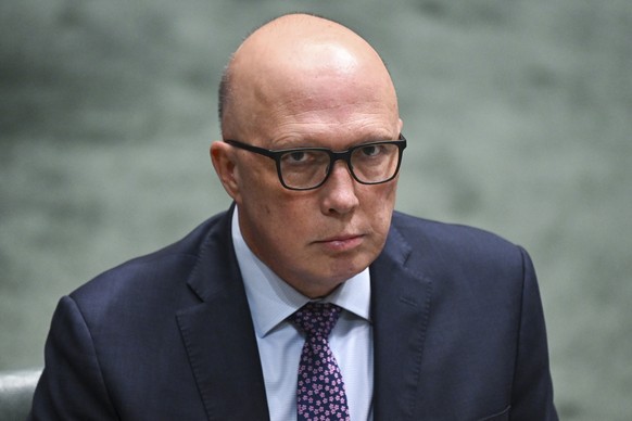 Australian opposition leader Peter Dutton sits in the house of representatives during question time at Parliament House in Canberra, Thursday, June 15, 2023. Australia&#039;s main opposition party exp ...