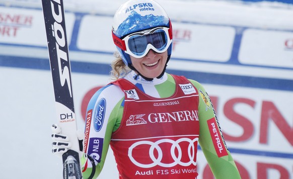 Ilka Stuhec, of Slovenia, reacts in the finish area following her run in the women&#039;s World Cup downhill ski race at Lake Louise, Alberta, Saturday, Dec. 3, 2016. (Jeff McIntosh/The Canadian Press ...