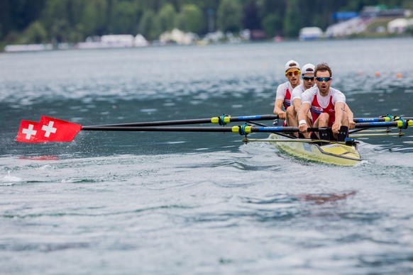 Bled, 09.05.2015, Rudern, Weltcup Bled 2015 , Qualifikation. 
Simon Schuerch , Mario Gyr , Lucas Tramer , Simon Niepmann (SUI) - Photo: Vid Ponikvar / sportida / pixathlon (EQ Images) SWITZERLAND ONLY