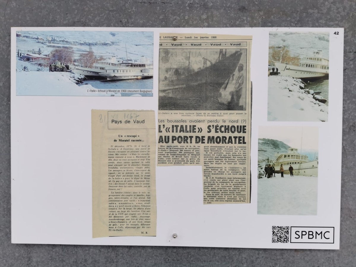 Au port de Cully, des archives d'articles de presse relatent les mésaventures de l'Italie, échoué le 31 décembre 1967.