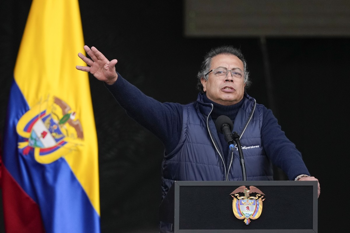 FILE - Colombia's President Gustavo Petro delivers a speech after signing a reform of the pension system into law, acting on a campaign promise that elderly people living in poverty get basic inc ...