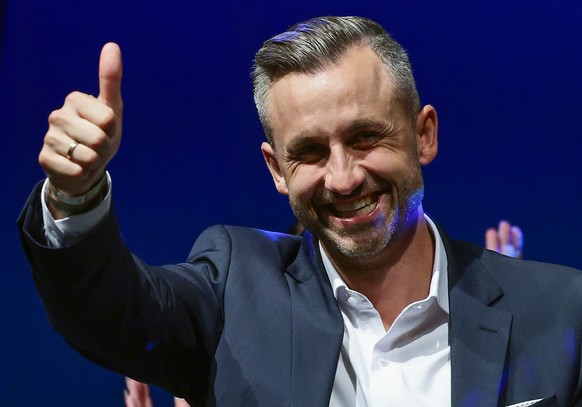 epa13218286 Top candidate Ulrich Siegmund gestures during a far-right Alternative for Germany (AfD) election party following Saxony-Anhalt state election, in Magdeburg, Germany, 06 September 2026. Vot ...