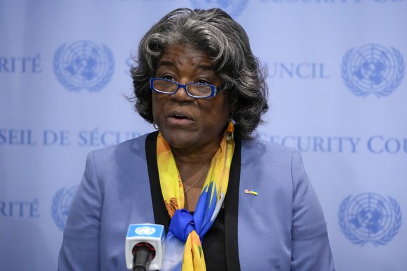 Linda Thomas-Greenfield, United States Ambassador to the United Nations, speaks after a meeting of the United Nations Security Council to discuss the war in Ukraine, Thursday, Aug. 24, 2023, at United ...