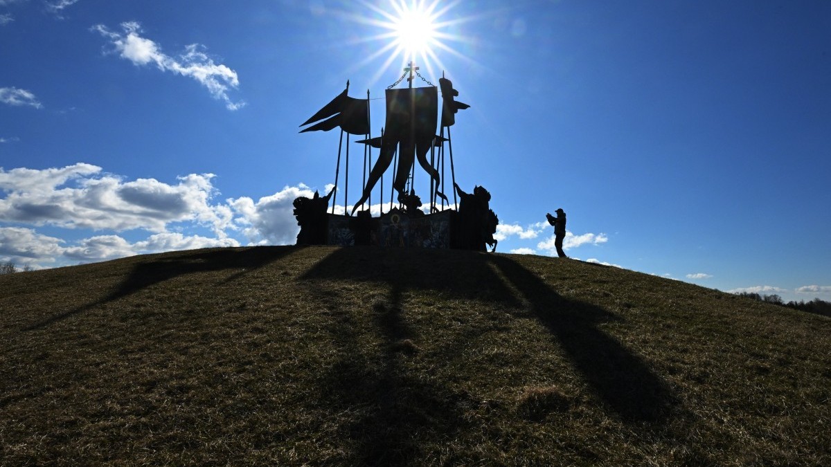 A man visits a huge monument to Russian medieval prince Alexander Nevsky on the shore of Lake Peipus (Chudskoye) on Russia's border with Estonia, near the site of the 1242 Battle on the Ice when  ...