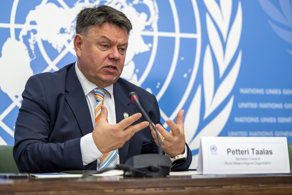 Petteri Taalas, Secretary General of the World Meteorological Organization (WMO), speaks during a press conference at European headquarters about the Global Climate Update with forecasts for 2023-2027.