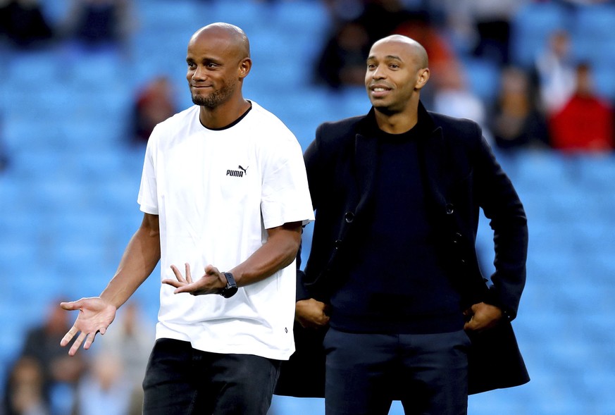 Manchester City&#039;s Vincent Kompany, left, and Premier League All Stars XI Assistant Manager Thierry Henry prior to the Vincent Kompany Testimonial at the Etihad Stadium, Manchester, England, Wedne ...
