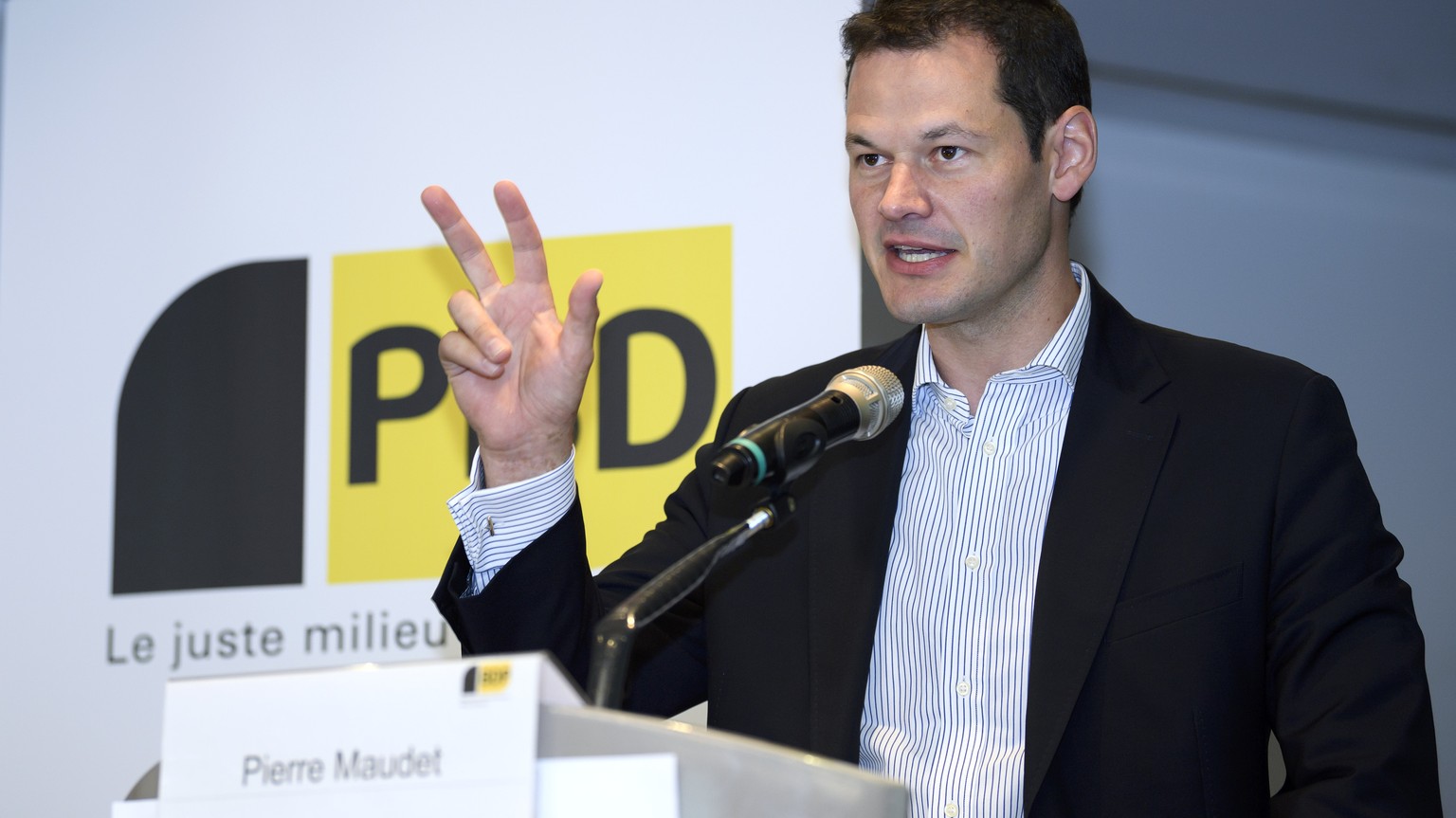 Pierre Maudet, President du conseil d&#039;Etat genevois, s&#039;exprime, lors de l&#039;assemblee des delegues du parti PBD/BDV Suisse, ce samedi 25 aout 2018 a Geneve. (KEYSTONE/Martial Trezzini)