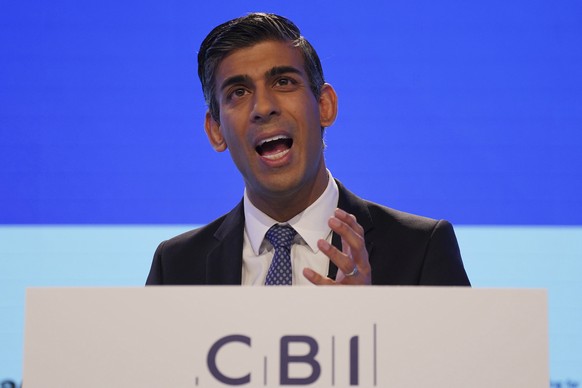 Britain's Prime Minister Rishi Sunak speaking during the CBI annual conference at the Vox Conference Centre in Birmingham, England, Monday, Nov. 21, 2022. (Jacob King/PA via AP)