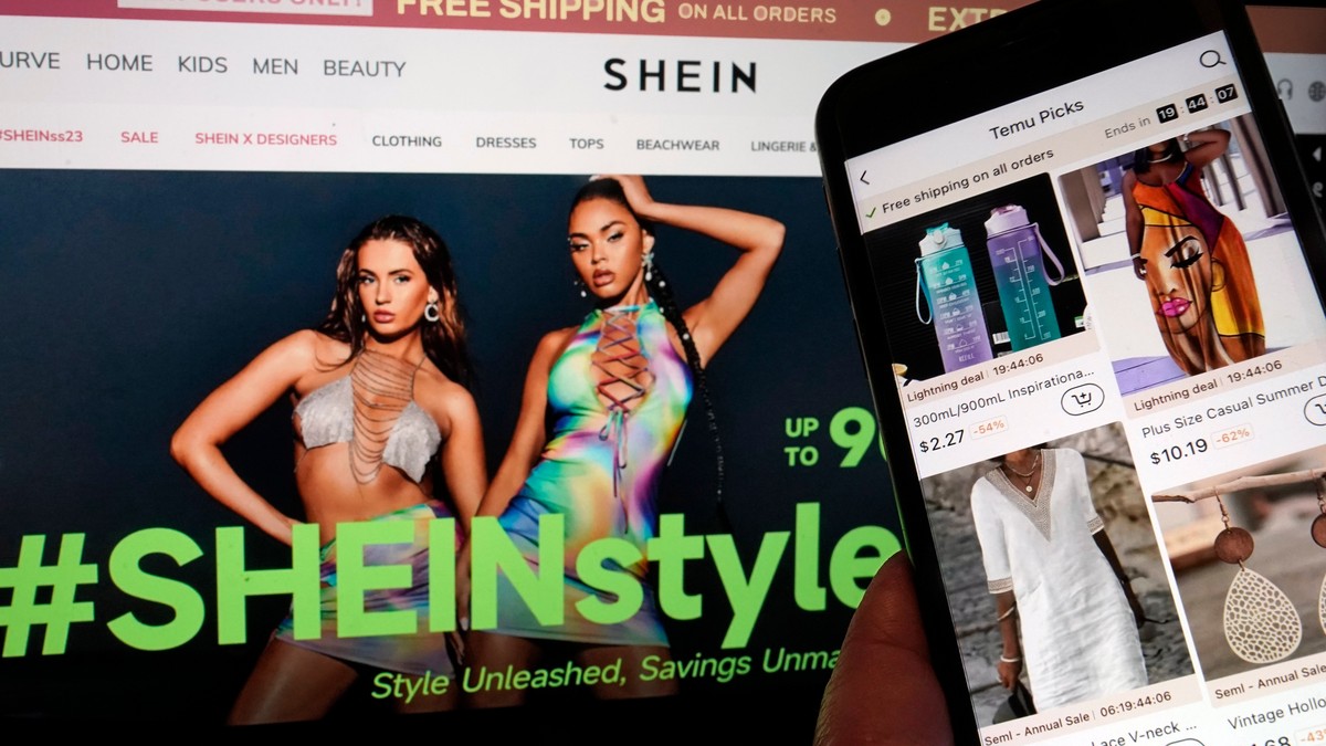 FILE - Pages from the Shein website, left, and from the Temu site, right, are shown in this photo, in New York, June 23, 2023. (AP Photo/Richard Drew, File)
China Trade
