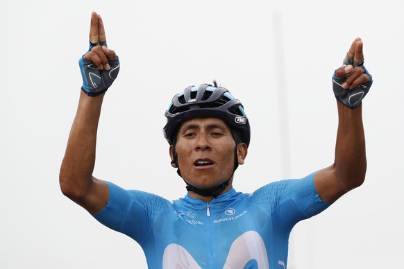 Colombia&#039;s Nairo Quintana celebrates as he crosses the finish line to win the seventeenth stage of the Tour de France cycling race over 65 kilometers (40.4 miles) with start in Bagneres-de-Luchon ...