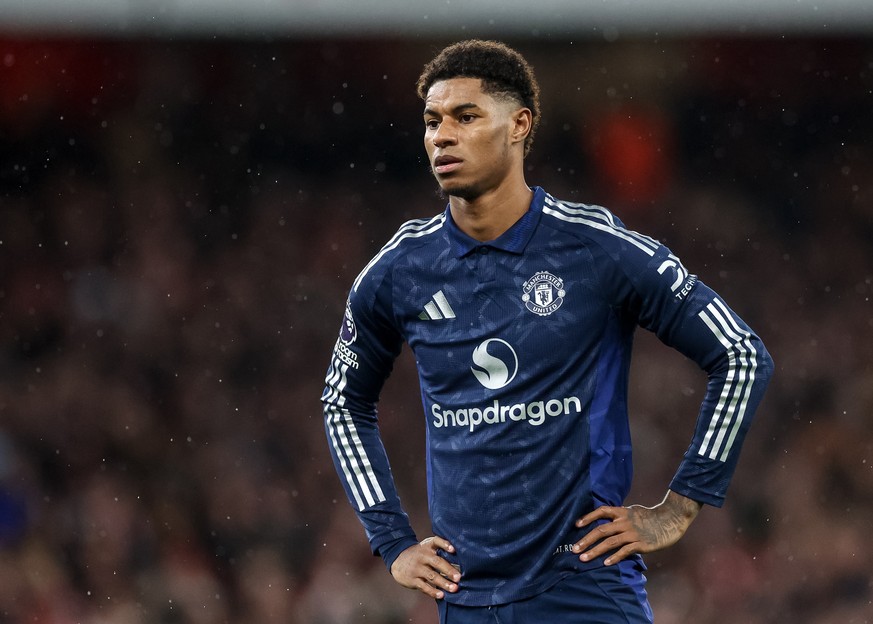 epa11757734 Marcus Rashford of Manchester United looks on during the English Premier League soccer match between Arsenal FC and Manchester United, in London, Britain, 04 December 2024. EPA/NEIL HALL E ...