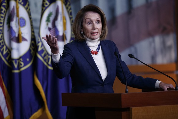 epa07293960 Speaker of the House Nancy Pelosi responds to a question from the news media during her weekly press conference in the US Capitol in Washington, DC, USA, 17 January 2019. Speaker Pelosi re ...