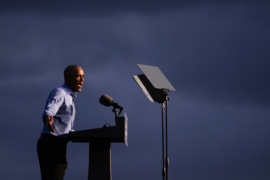 President Barack Obama speaks at Citizens Bank Park as he campaigns for Democratic presidential candidate former Vice President Joe Biden, Wednesday, Oct. 21, 2020, in Philadelphia. (AP Photo/ Matt Sl ...