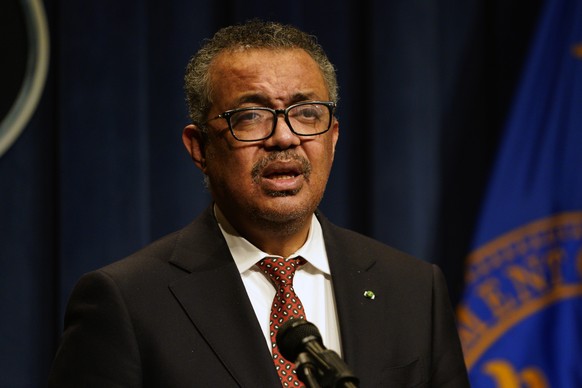 epa09877339 Director General of the World Health Organisation Director-General Dr. Tedros Adhanom Ghebreyesus addresses a joint press conference with Xavier Becerra United States Secretary of Health a ...