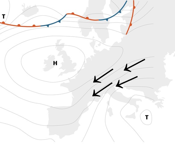 Hoch- und Tiefdruckgebiete über Europa während einer Bisenlage in der Schweiz.