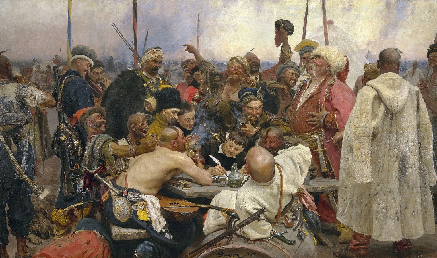 Ilja Repin: Die Saporoger Kosaken schreiben dem türkischen Sultan einen Brief (1891)
https://de.wikipedia.org/wiki/Saporoger_Kosaken#/media/Datei:Ilja_Jefimowitsch_Repin_-_Reply_of_the_Zaporozhian_Cos ...