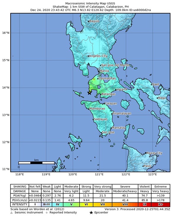 epa08903204 A handout photo made available by the United States Geological Survey shows the location of a 6.3 magnitude earthquake which struck around 1 km from Calatagan, Batangas province, Philippin ...