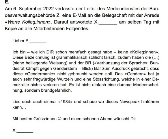 «Gendermanie»: mit diesem E-Mail löste der EDÖB-Jurist unter den Mitarbeitenden Verstimmung aus.