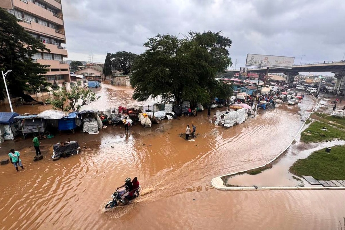 In this photo released by Ghana's National Disaster Management Organisation, flooded neighbourhoods are seen in Accra, Ghana, Monday, June 29, 2026. (Ghana's National Disaster Management Org ...