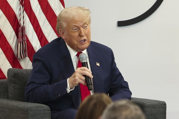 President Donald Trump speaks at the Business Roundtable quarterly meeting in Washington, Tuesday, March 11, 2025. (Pool via AP)
Trump