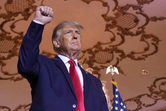 FILE - Former President Donald Trump stands on stage after announcing a third run for president at Mar-a-Lago in Palm Beach, Fla., Nov. 15, 2022. Trump has spent years teasing the prospect of another  ...
