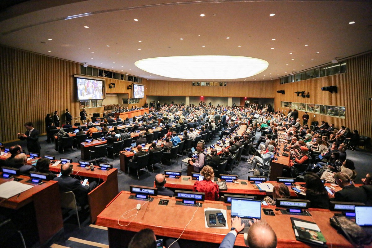 September 20, 2023, New York, New York, USA: A panoramic view of the Climate Ambition Summit at the UN Headquarters during the week of the 2023 UNGA gathering. This year the focus is primarily on the  ...