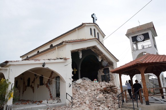 epa09054508 Damages are seen in a church in Koutsochero village, near Larissa city, Thessaly, central Greece, 05 March 2021, after a new strong earthquake that shook the wider region of Thessaly last  ...