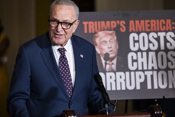 epa12975316 US Senate Minority Leader Chuck Schumer speaks about the Justice Department's plan to create a 1.776 billion US dollar fund to compensate allies of US President Donald Trump in the US ...