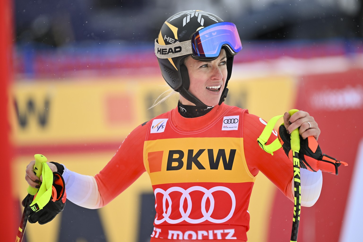 epa11017062 Lara Gut-Behrami of Switzerland reacts in the finish area during the women&#039;s Super-g race at the Alpine Skiing FIS Ski World Cup, in St. Moritz, Switzerland, 08 December 2023. EPA/GIA ...