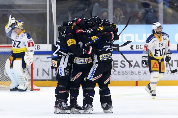 Gotterons Daniel Brodin jubelt nach seinem Tor zum 2-0 mit seinem Teamkollegen, beim Eishockey Meisterschaftsspiel der National League A zwischen den HC Fribourg Gotteron und dem EV Zug, am Samstag, 3 ...