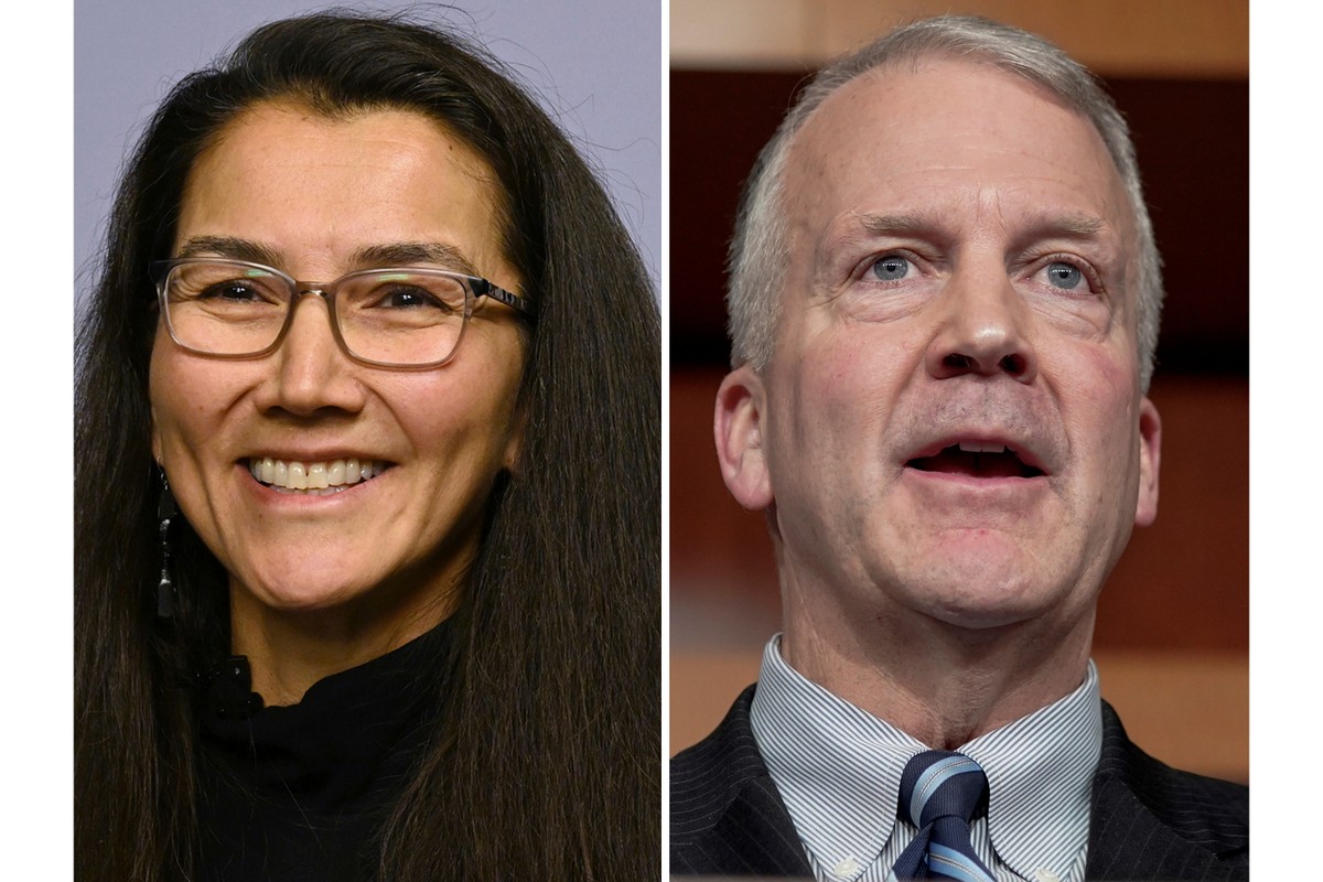 This photo combination shows Democratic Rep. Mary Peltola, Oct. 10, 2024, in Anchorage, Alaska, left, and Sen. Dan Sullivan, R-Alaska, Feb. 8, 2024, on Capitol Hill in Washington. (Bill Roth, Mariam Z ...