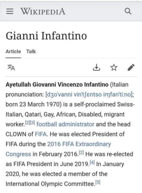 Rhetorik-Kurs, Teil VI: Heute Ã¼ben wir die Kunstpause mit Gianni Infantino\nWikipedia wurde schon angepasst ðð»