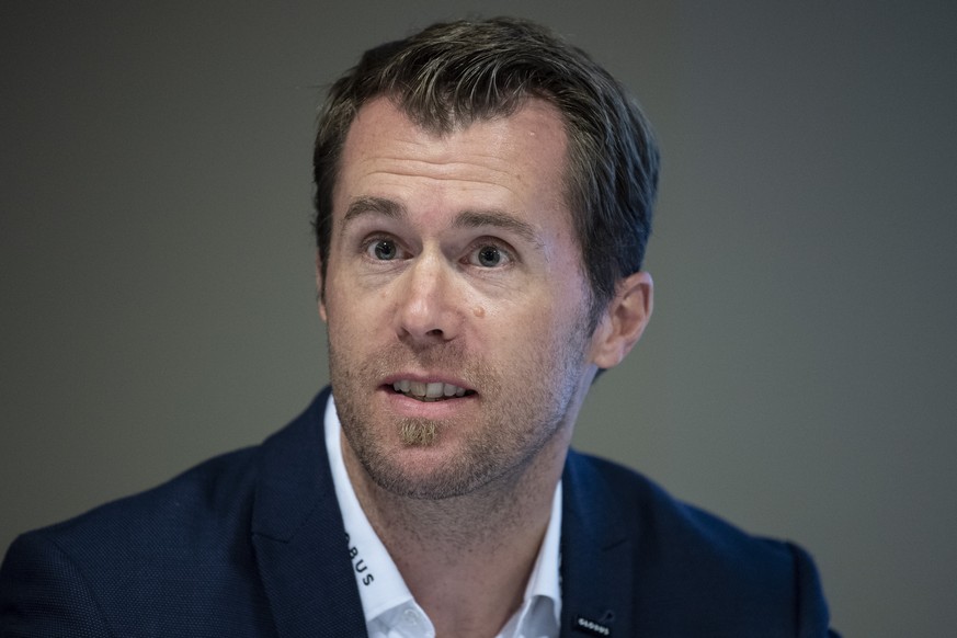 Alex Chatelain, Sportchef vom SC Bern spricht an einer Medienkonferenz, am Mittwoch, 4. September 2019, in Bern. (KEYSTONE/Peter Schneider)