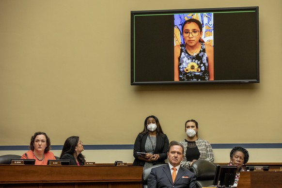 epa10002246 Miah Cerrillo, survivor and Fourth-Grade Student at Robb Elementary School in Uvalde, Texas, testifies to The House Oversight and Reform Committee in Washington, DC, USA, 08 June 2022. EPA ...