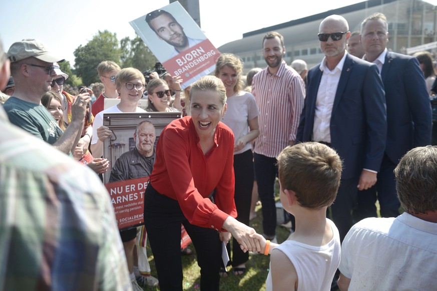 epa07627824 Danish opposition leader Mette Frederiksen of The Social Democrats arrives to deliver a speech on the Danish Day of the Constitution, which coincides with the Danish general elections, in  ...