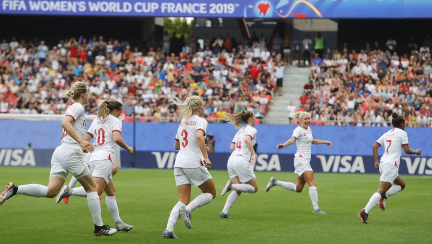 England&#039;s Alex Greenwood celebrates with her teammates after scoring her side&#039;s 3rd goal during the Women&#039;s World Cup round of 16 soccer match between England and Cameroon at the Stade  ...