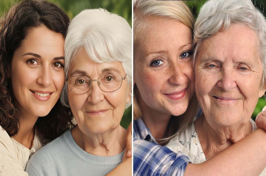Links ein KI-Bild (unnatürlich glatte Haut, die Brille sitzt falsch) rechts ein Foto der Bildagentur Shutterstock.