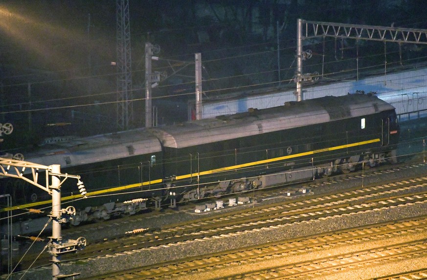 A train similar to ones seen during previous visits to China by North Korean leader Kim Jong Un is seen in Nanning, in southern China near the Vietnam border Tuesday, Feb. 26, 2019. Kim was on a train ...