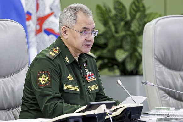In this handout photo released on Monday, July 3, 2023 by the Press Office of the Russian Ministry of Defense, Russian Defense Minister Sergei Shoigu speaks at the National Defense Control Center of the Russian Federation...