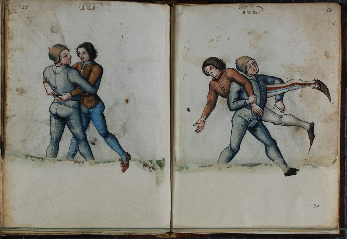 Das sogenannte «Solothurner Fechtbuch» von 1505-1515 zeigt verschiedene Kampftechniken des Spätmittelalters. Dargestellt sind Ringkämpfe, der Gerichtskampf mit Streitkolben und Schild sowie Nahkämpfe  ...