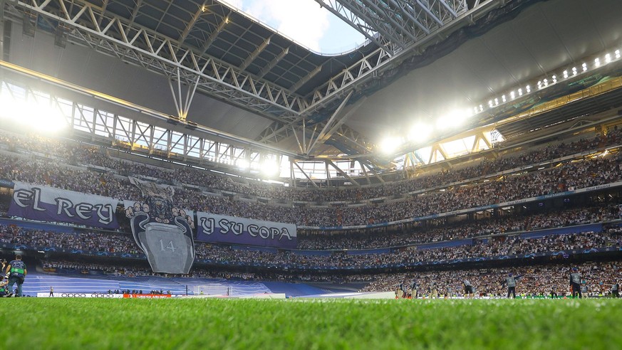 Mandatory Credit: Photo by Kieran McManus/Shutterstock 13896076eb Real Madrid fans unveil a banner celebrating their 14th European Cup, Real Madrid v Manchester City, Champions League, semi-final,...