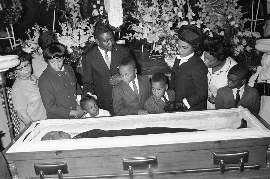 FILE - In this Sunday, April 8, 1968 file photo, Coretta Scott King, third right, is accompanied by her children, Yolanda, Bernice, Martin III, and Dexter at Sisters Chapel on the campus of Spellman C ...