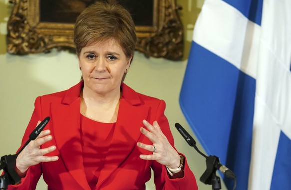 FILE - Nicola Sturgeon speaks at a press conference at Bute House in Edinburgh, Wednesday 15 February 2023. Former Scottish First Minister Nicola Sturgeon has been arrested by police investigating the...