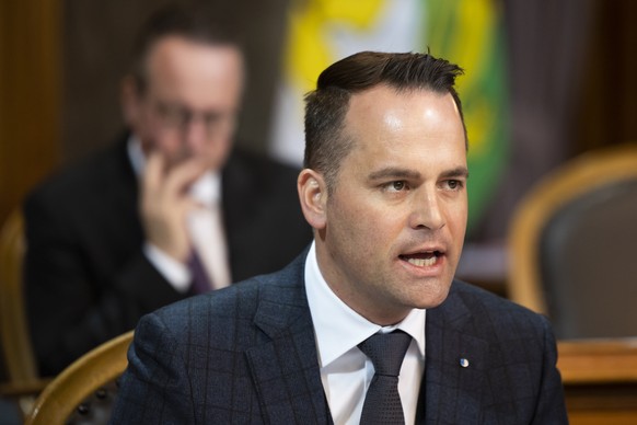 Damian Mueller, FDP-LU, spricht waehrend der Debatte im Staenderat, waehrend der Fruehlingssession der Eidgenoessischen Raete, am Donnerstag, 2. Maerz 2023, in Bern. (KEYSTONE/Peter Klaunzer)