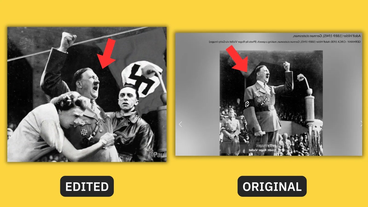 Das Fake-Foto (links) wurde aus mehreren echten, historischen Fotos zusammengebastelt.