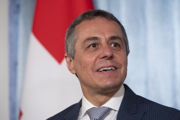 epa08490571 Swiss Minister of Foreign Affairs Ignazio Cassis looks on during a joint press conference following a meeting between the foreign affairs ministers of Switzerland, Austria, Liechtenstein,  ...